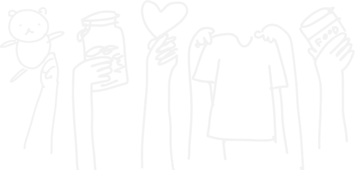 Animated hands holding a heart, can of food, teddy bear and shirt